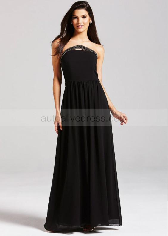Black Chiffon Beads Strapless Long Prom Dress 